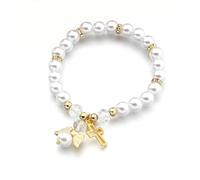 Dreuyet Cross Angel Bracelet Pendant Bracelet for Women Trendy Simulated Pearl Beads Bracelets Handmade Stretch Cross Bracelets First Communion Baptism or Christening Gift, Non adjustable, Zinc, no
