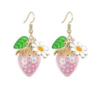 Dreuyet Cute Strawberry Earrings for Women 3D Kawaii Red Strawberry with Leaf Bee Flower Drop Dangle Earring Colorful Lifelike Sweet Resin Charm Fruit Jewelry, Middle, Resin, No Gemstone