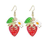Dreuyet Cute Strawberry Earrings for Women 3D Kawaii Red Strawberry with Leaf Bee Flower Drop Dangle Earring Colorful Lifelike Sweet Resin Charm Fruit Jewelry, Middle, Resin, No Gemstone