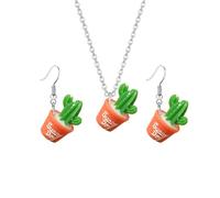 Dreuyet Cute Succulent Potted Plant Earring Necklaces Set for Women Creative 3D Simulation Green Plant Dangle Drop Earrings Lovely Cactus Pendant Necklaces Jewelry Gifts, Resin, No Gemstone