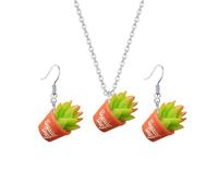 Dreuyet Cute Succulent Potted Plant Earring Necklaces Set for Women Creative 3D Simulation Green Plant Dangle Drop Earrings Lovely Cactus Pendant Necklaces Jewelry Gifts, Resin, No Gemstone