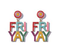 Dreuyet FRI-YAY Beaded Dangle Drop Earrings Rhinestone Dainty Teacher Earrings for Women Colorful Teacher Appreciation Gifts Back to School Friday Gifts, Middle, Beads, No Gemstone