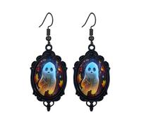 Dreuyet Gothic Ghost Cameo Earrings for Women Vintage Crystal Glass Cute Ghost Fire Pumpkin Earring Goth Mystic Victorian Earring Punk Style Halloween Boo Earrings Jewelry, Middle, Glass Crystal, No