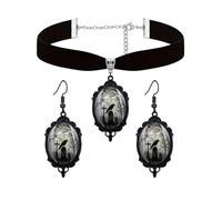 Dreuyet Gothic Raven Cameo Earrings Necklace Set for Women Vintage Crystal Glass Raven Crow Earrings Goth Mystic Victorian Velvet Necklace Punk Halloween Jewelry, Middle, Glass, No Gemstone