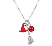 Dreuyet Halloween Necklace Witch Broom Wizard Hat Crystal Pendant, Middle, Zinc Crystal Silver-plated Metal, No Gemstone
