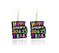 Dreuyet Happy New Year Earrings for Women Fashion Happy New Year Letter Dangle Earrings Handmade Funny Holiday Statement Earrings 2025 New Year's Eve Festive Party Jewelry, M, Acrylic, No Gemstone