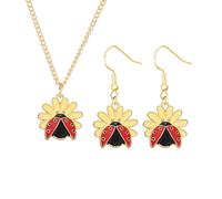 Dreuyet Ladybug Earrings and Necklace Set for Women Tiny Red Ladybug Necklace and Earrings Cute Ladybug Daisy Flower Jewelry Lifelike Ladybug Insect Charm Jewelry Set, Alloy Steel, No Gemstone