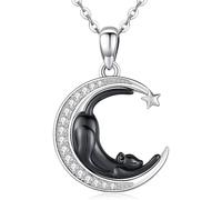 Dreuyet Moon Black Cat Necklace for Women Sterling Silver Cute Cat on Crescent Moon Pendant Crystal Moonstone Celtic Knot Jewelry Gift for Cat Lovers, Middle, Sterling Silver Crystal Moonstone, No