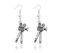 Dreuyet Movie Camera Pearl Earrings for Women Personalized Classic Retro Silver Cinema Projector Dangle Drop Statement Earrings Film Director 80S Jewelry Gifts, Zinc, No Gemstone