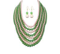 Dreuyet Multi-Layer Pink Green Pearl Necklace Earrings Set Faux Pearl Chunky Beaded Choker Statement Earring AKA Sorority Gifts for Women Costume Jewelry for Party Wedding Prom, Middle, Faux Pearl, No