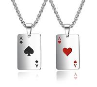 Dreuyet Playing Card Poker Tag Pendant Necklace for Women Men Punk Stainless Steel Good Luck Rock Ace of Spade Heart Royal Flush Games CZ Pendant Chain Necklace Hip Hop Unisex Jewelry Gift, Middle