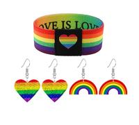 Dreuyet Rainbow LGBT Pride Earrings and Wristband Bracelet Set LGBTQ Transgender Lesbian Wrist Bands Bracelets Washable Rainbows Heart Earrings for Pride Month Outfits Gifts, Lesbian, Acrylic, No