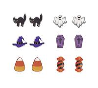 Dreuyet Six Pairs Halloween Earrings Set for Women Men Punk Black Cat Tombstone Cross Candy Witch Ghost Stud Earrings Tiny Lightweight Eyes Pumpkin Bat Skull Earrings Maple Leaf Sunflower Turkey Fall