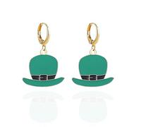 Dreuyet St. Patrick's Day Earrings for Women Fashion Alloy Enamel Lucky Green Leaf Luck Letter Hat Pendant Hoop Earrings St.Patrick's Day Accessory Irish Jewelry Gifts, M, Zinc, No Gemstone