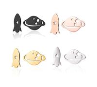 Dreuyet Stainless Steel Asymmetry Space Rocket Planet Stud Earring Set for Women Minimalist Spacecraft Universe Rocket Saturn Planet Earrings Unique Spaceship Gift,4 Pairs, Tiny, Stainless Steel, No