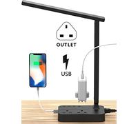 Drevet LED Desk Lamp, Desk Light with 1 USB Charging Port and 2 Way Outlets, 3 Lighting Modes, 3 Level Brightness,1H Timer, Touch Control, Eye-Caring Home Office Bedside Table Lamp (Black)
