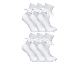 Drew Brady 6 Pack Girls Frilly Fancy Lace Cotton Socks - 0-2.5 uk (6-12 Months) - White