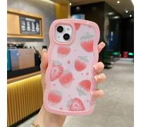 DrewCloth for iPhone 13 Case with Strawberry Design - Cute Curly Wave Shape Shockproof Soft - Aesthetic Curved Bumper Wavy Edge Phone Cases for Girls Women Girly,Pink Straw Berry Pattern Cover