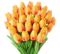 Drewev 30 Pcs Orange Tulips Artificial Flowers Fake Tulip Flowers Latex Tulips Real Touch 13" Silk Flower for Bulk Home Kitchen Wedding Party Valentine's Mother's Decorations(Red and Yellow)