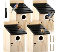 Dreyoo 4 Pack Bluebird Houses for Outside with Metal Predator Guard, 1-1/2" Entrance Hole Wooden Blue Bird Houses for Outdoors, Bluebird Nesting Box(Black Roof, Wood Body)