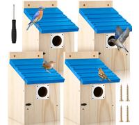 Dreyoo 4 Pack Bluebird Houses for Outside with Metal Predator Guard, 1-1/2" Entrance Hole Wooden Blue Bird Houses for Outdoors, Bluebird Nesting Box(Blue Roof, Wood Body)
