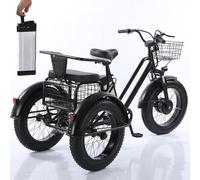DRFGHK 20'' Electric Tricycle For Adults, Fat Tire Off Road Tricycles + Shopping Basket Rear Child Seat 48V/12Ah Removable Battery, 35km Range, Load 200Kge, for Shopping, Picnic, Beach