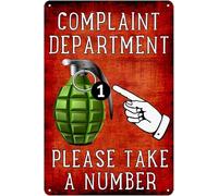 DRFYVZ Metal Tin Signs Vintage Funny Complaint Department Grenade Sign Complaint Department Take A Number Tin Signs Sarcastic Man Cave Bar Wall Decor 6x8 inch.
