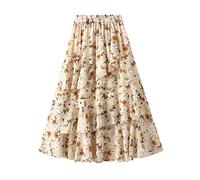 DRGE Women's Casual Skirt Irregular Tiered Skirt Floral Printed Pattern Elasticated Waist Ladies Flared Skirt,M/uk10(Beige)