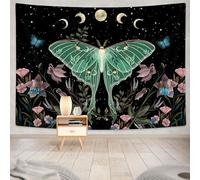 Drgilau Teal Luna Moth Tapestry Wall Hanging, Moon Phase Stars Cute Plants Butterfly Floral Botanical Nature Aesthetic Celestial Wall Tapestries for Bedroom Home Living Room Dorm