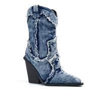 driceic Women Denim Rhinestones Cowboy Mid Calf Boots Almond Pointed Chunky Block Heel Sparkly wide calf Western Boots, Blue, 4.5 UK