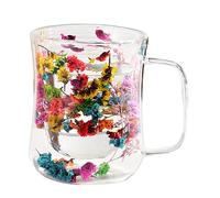 Dried Flower Cups | Double Wall Stoppers | 400ml Clear Glass Tea Cup with Handle with Real Floral Design and Thermal Insulated | Elegant Gift Cup for Women Who Enjoyed