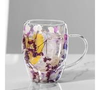 Dried Flower Double Wall Glass Cup, 350ml Double Walled Coffee Cups with Handle, Dual Layer Dried Flowers Cups, Gifts for Women Friend Teacher Mum
