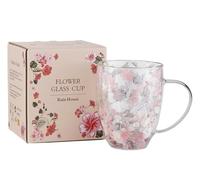 Dried Flower Double Wall Glass Cup, Aesthetic Flowers Coffee Mugs, Cute Insulated Tea Cups with Handle Heat Resistant for Women, Gifts for Birthday Mother's Day - Perfect for Wife Mom Friends (Pink)