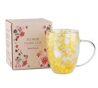 Dried Flower Double Wall Glass Cup, Aesthetic Flowers Coffee Mugs, Cute Insulated Tea Cups with Handle Heat Resistant for Women, Gifts for Birthday Mother's Day, Perfect for Wife Mom Friend (Yellow)