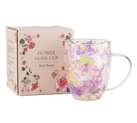 Dried Flower Double Wall Glass Cup, Aesthetic Flowers Coffee Mugs, Cute Insulated Tea Cups with Handle Heat Resistant for Women, Gifts for Birthday Mother's Day - Perfect for Wife Mom Friend (Rainbow)