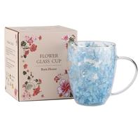 Dried Flower Double Wall Glass Cup, Aesthetic Flowers Coffee Mugs, Cute Insulated Tea Cups with Handle Heat Resistant for Women, Gifts for Birthday Mother's Day - Perfect for Wife Mom Friends (Blue)