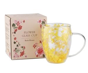 Dried Flower Double Wall Glass Cup, Aesthetic Flowers Coffee Mugs, Cute Insulated Tea Cups with Handle Heat Resistant for Women, Gifts for Birthday Mother's Day, Perfect for Wife Mom Friend (Yellow)