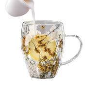 Dried Flower Glass Cup - 350ml Double Wall Insulated Mugs, Clear Heatproof Beverage Cup with Anti Slip Handle Mug for Hot Chocolate Milk Juice Everyday Kitchen Office Refreshments, 3.15 Inches