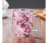 Dried Flowers Cups, 450ml Double Wall Glass Coffee Mugs, Dried Flower Glass Tea Cups with Handles, Beverage Glasses, for Women Her Mum Gift Home Decor