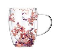 Dried Flowers Double Wall Glass Coffee Mugs, 350ml Cute Glass Tea Cups with Handle, Insulated Heat Resistant Glass Coffee Cups, Christmas Birthday Gift for Women Mum Wife Teacher Friend (Pink Purple)