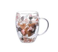 Dried Flowers Double Wall Glass Coffee Mugs, Cute Tea Cups with Handles, Cappuccino Cup Hot Chocolate Mug Latte Glass Coffee Mug (Pink)
