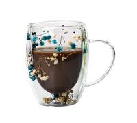 Dried Flowers Double Walled Glass Coffee Mug 350ml Clear Dried Flowers Glass Cup, Dry Flower Double Wall Glasses Cup with Handle, 2 Layered Glasses Cups Drieds Flower Insulated Cups for Juice