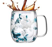 Dried Flowers Double Walled Glass Coffee Mug 390ml Dried Flowers Glass Cups with Handle, Clear Dry Flower Double Wall Glasses Cup, Doubles Wall Mug, Heat Resistant DoubleWall Mugs for Cold Drinks