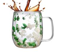 Dried Flowers Double Walled Glass Coffee Mug 390ml Dried Flowers Glass Cups with Handle, Clear Dry Flower Double Wall Glasses Cup, Doubles Wall Mug, Heat Resistant DoubleWall Mugs for Cold Drinks