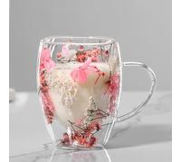 Dried Flowers Double Walled Glass Coffee Mug | Insulated Glass Coffee Cups with Handle | Aesthetic Flower Glass Tea Cup | Heat Resistant Mugs Glasses for Mum Wife Her Friend,350ml