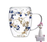 Dried Flowers Double Walled Glass Coffee Mug,Insulated Glass Coffee Cups with Handle,Flower Glass Tea Cup,Heat Resistant Cappuccino Latte Macchiato Glasses for Mum Wife Her Friend,350ml