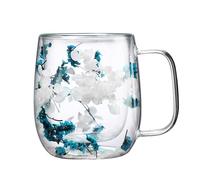 Dried Flowers Double Walled Glass Mugs, 250/390ml Coffee Cups, Dry Flower Glass Tea Cup with Handle, Double Wall Insulated Coffee Mugs Tea Mug Milk Mug Glass Cup for Tea, Coffee