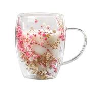 Dried Flowers Double Walled Glass Mugs | 350ml Insulated Coffee Cup | Double Wall Glass Mug Cup with Dry Flower | Clear Glass Dried Flower Cup with Handle for Hot and Cold Beverages