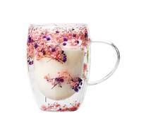 Dried Flowers Double Walled Glass Mugs | 350ml Insulated Coffee Cup | Double Wall Glass Mug Cup with Dry Flower | Clear Glass Dried Flower Cup with Handle for Hot and Cold Beverages
