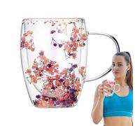 Dried Flowers Glass Coffee Mug, 2 Layer Tea Cup, 350 ML Double Walled Glass Mugs Heat Resistant Espresso Cups Birthday giftss for Women Mum Wife Friend, Glass Cups for Hot Drinks & Cold Drinks